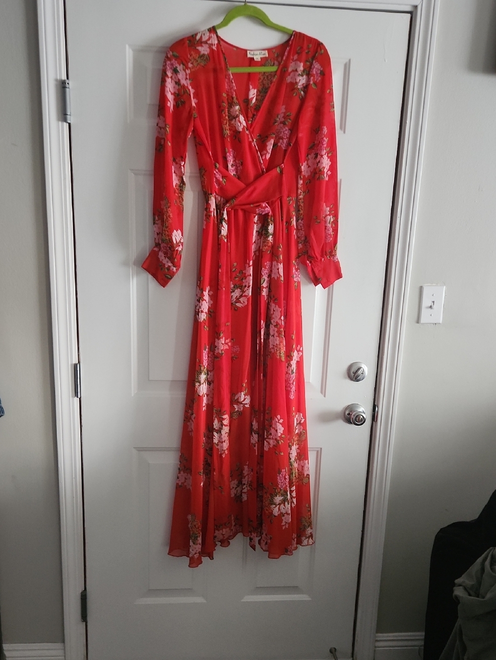 Red Floral Wrap front Maxi Dress - Elegant Long Sleeve